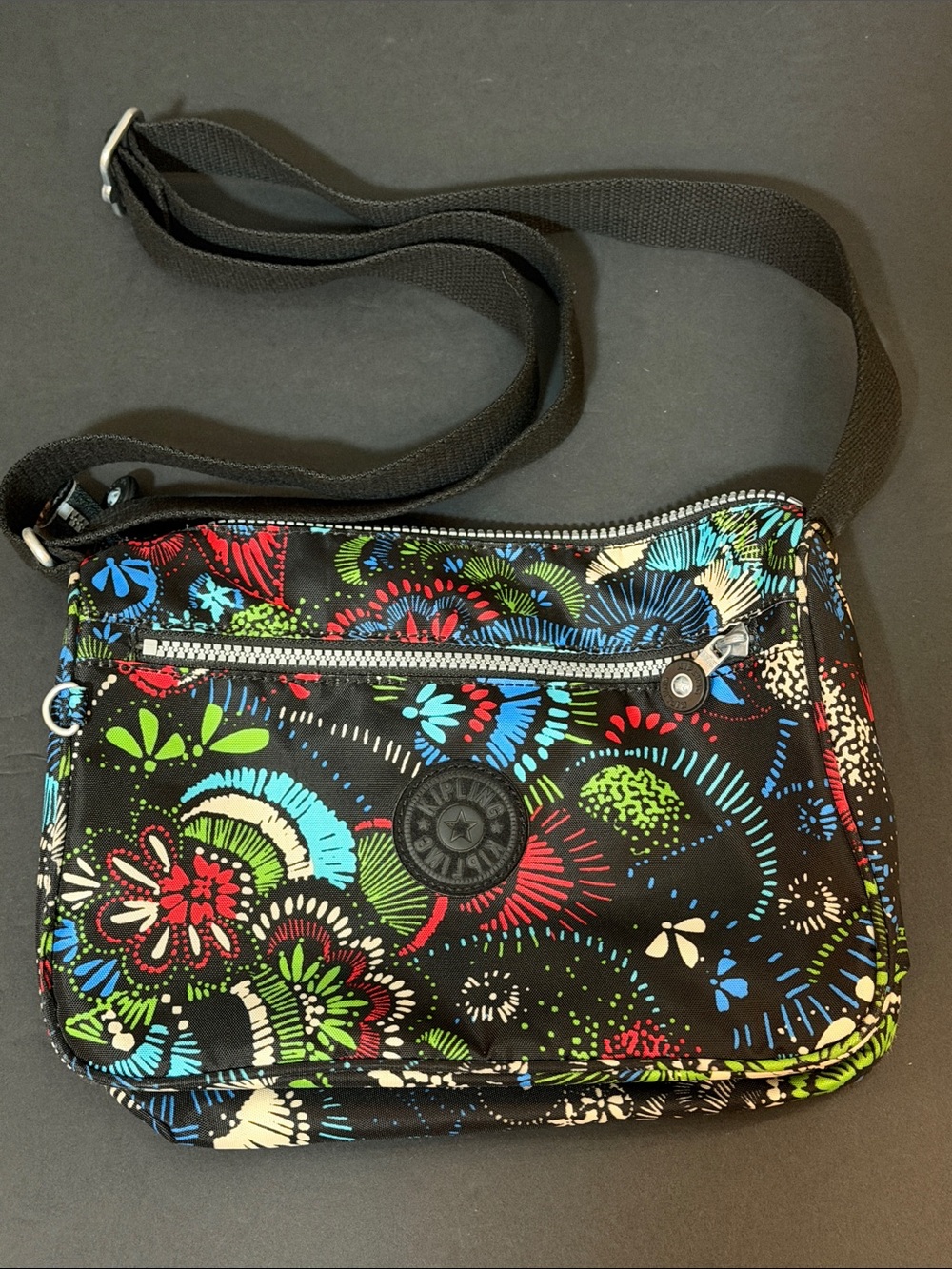 Kipling Floral Crossbody Black Multicolor Nylon Everyday Casual Travel Purse